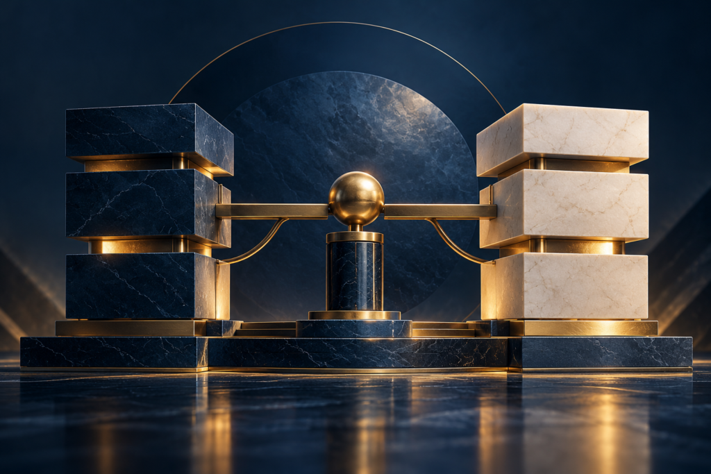 Capital structure concept showing balanced dark and light stone blocks representing debt and equity financing