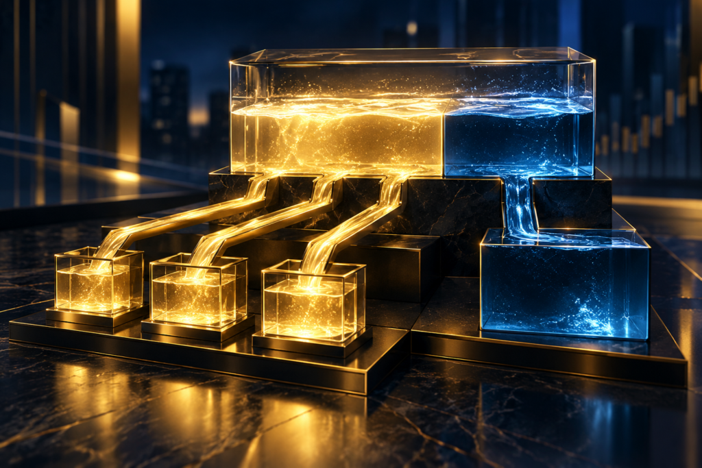 Dividend payout ratio concept showing golden profit flows distributed to shareholders and blue retained earnings