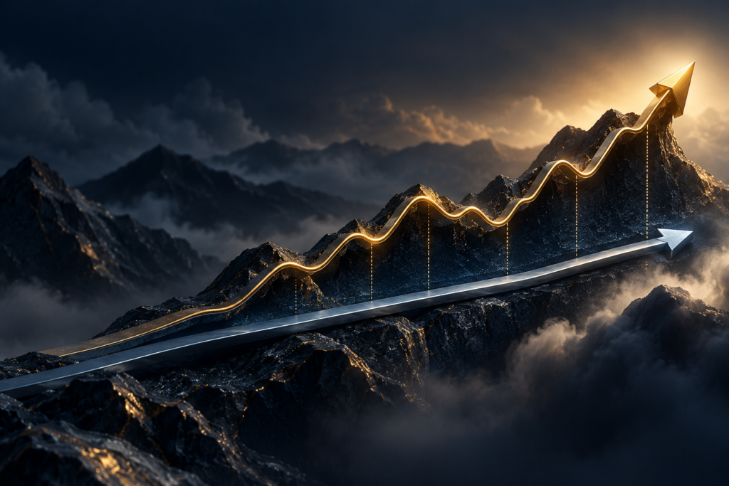 Equity risk premium concept illustrated by a golden rising line across dark mountain peaks, representing investment risk and expected returns