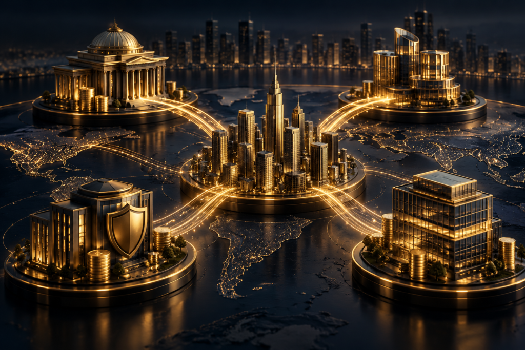 Institutional investors represented by interconnected banks, investment funds and financial institutions in a global capital market