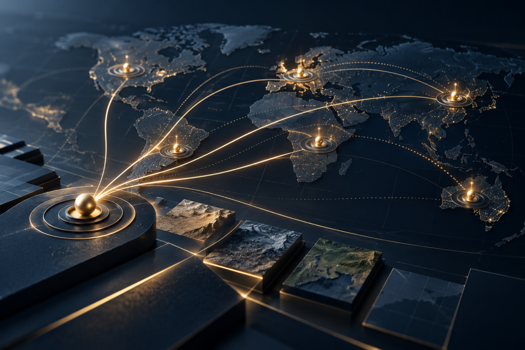 Global market entry strategy illustrated by a world map with interconnected business expansion routes and international markets