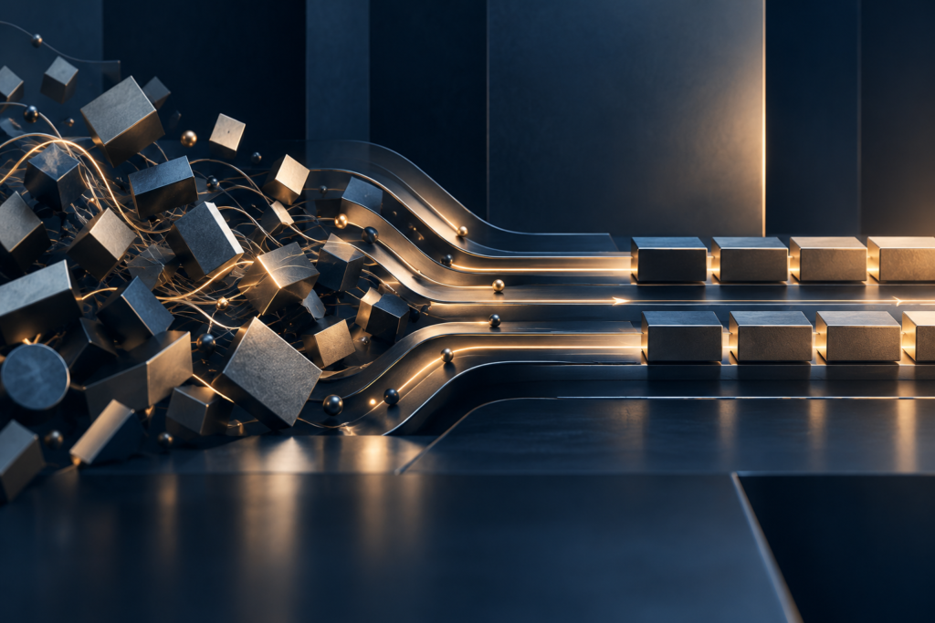 Abstract visual of operational efficiency showing chaotic blocks being organized into streamlined process flows