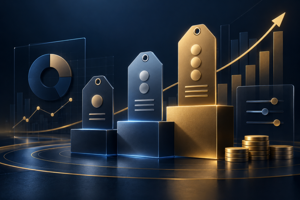 Three pricing tiers represented by metallic price tags, illustrating business pricing strategies and revenue growth