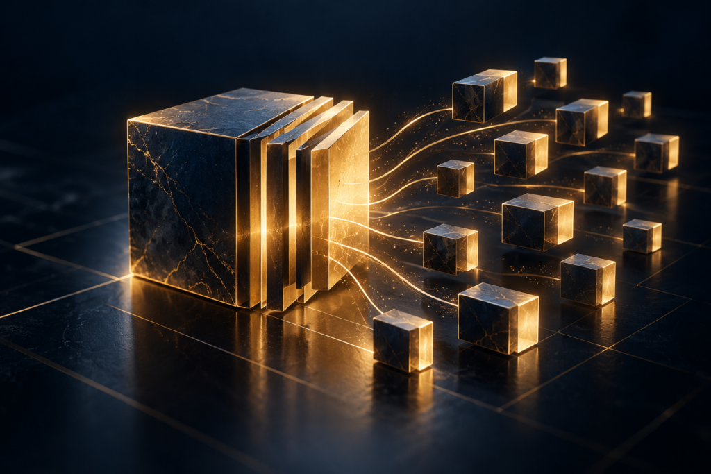 Share dilution concept showing a large equity block divided into smaller ownership units with glowing golden connections