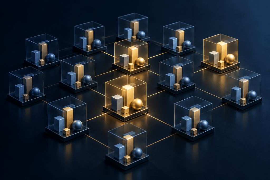Unit economics concept showing interconnected glass cubes with financial metrics representing customer acquisition costs, revenue and profitability