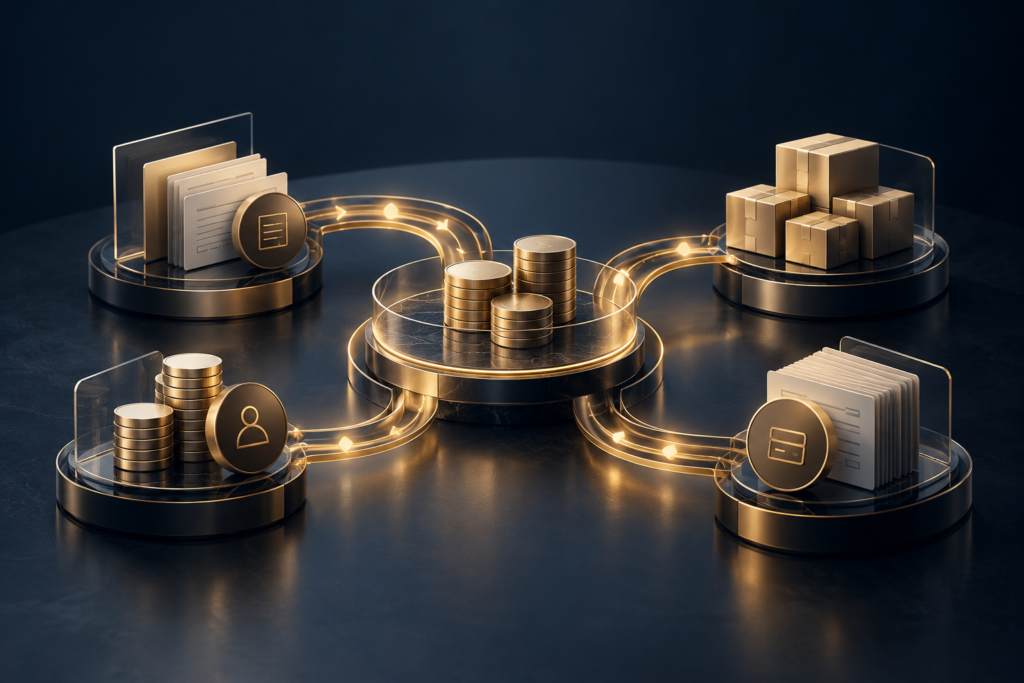 Working capital management concept illustrating cash flow between inventory, accounts receivable and accounts payable